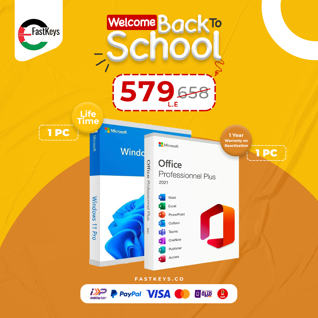 Promotional image for Microsoft software packages with a 'Welcome Back to School' offer on an orange background.