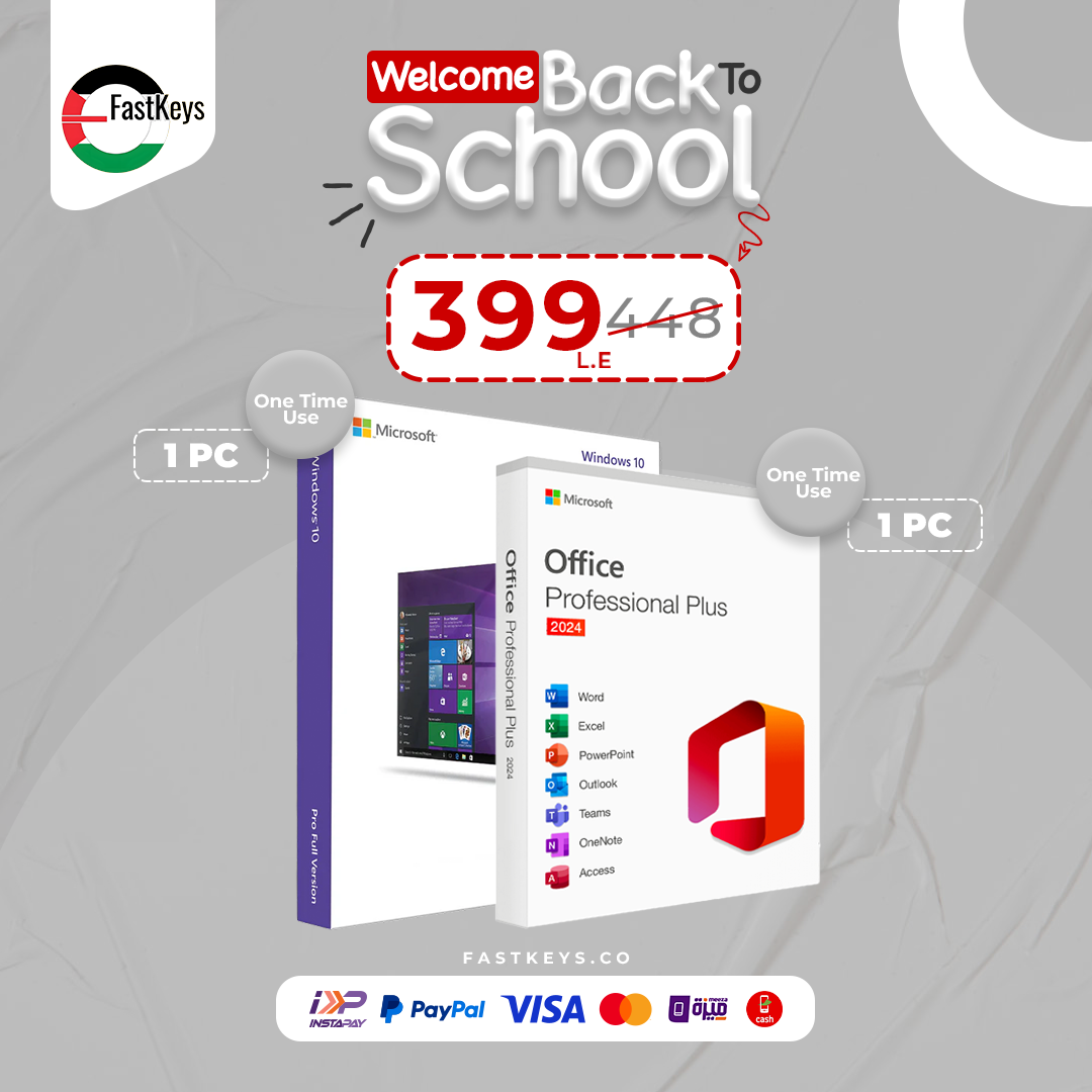 Promotional image for Microsoft software packages with 'Welcome Back to School' text and FastKeys branding.