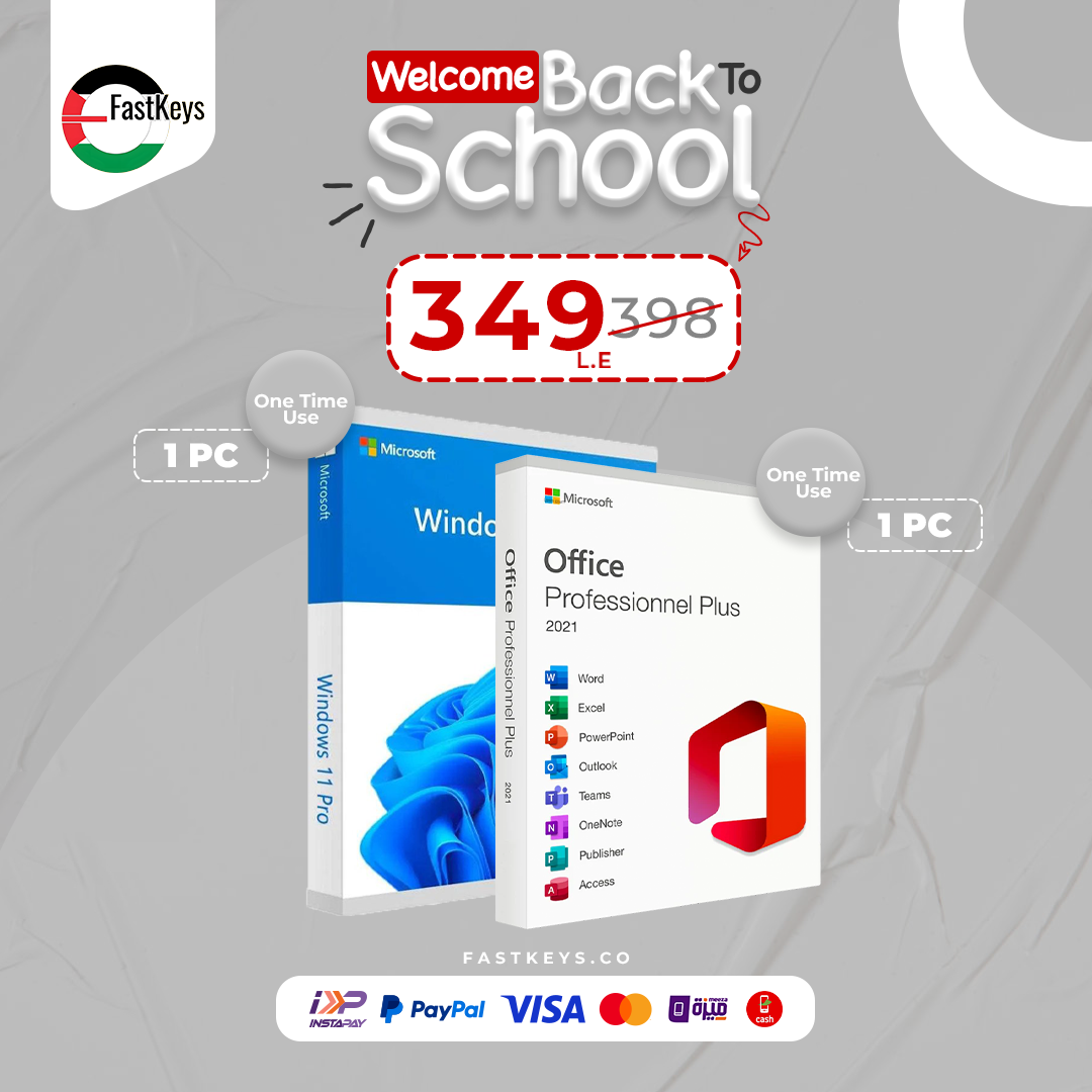 Microsoft Windows 11 Pro and Office Professional Plus software packages with a 'Welcome Back to School' promotion on a gray background.