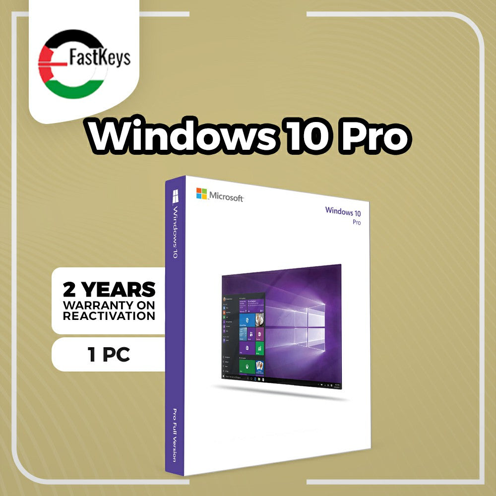 Microsoft Windows 10 Pro packaging with FastKeys logo on a beige background