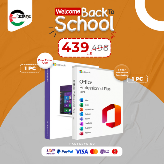 Microsoft Office Professional Plus 2021 packaging with promotional text on an orange and gray background