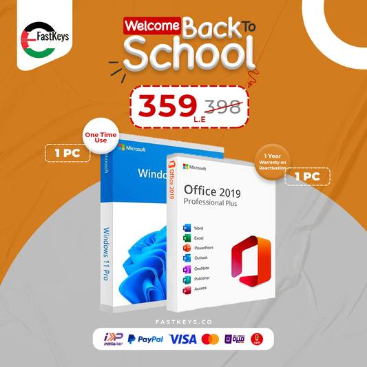 Microsoft Office 2019 packaging with promotional text on an orange and gray background