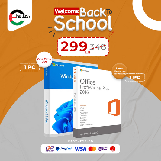 Microsoft Windows and Office Professional Plus 2016 packages with 'Welcome Back to School' promotion on an orange background.