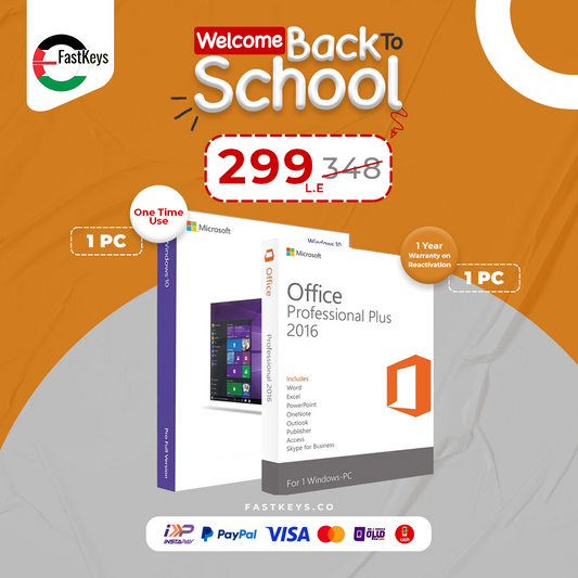 Promotional image for Microsoft Office Professional Plus 2016 and Windows 10 with FastKeys branding on an orange background.