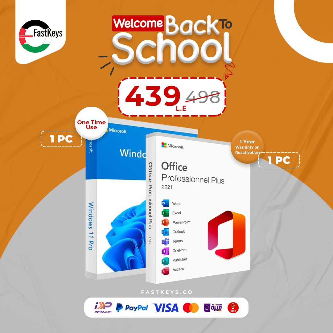 Promotional image of Microsoft Windows 11 Pro and Office Professional Plus software packages with a 'Welcome Back to School' offer on an orange background.