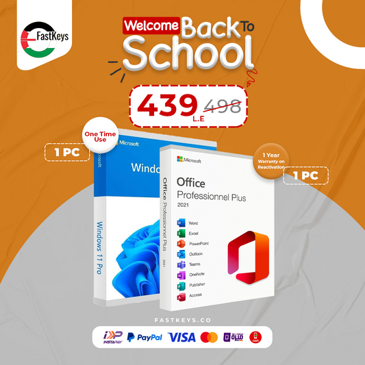 Promotional image of Microsoft Windows 11 Pro and Office Professional Plus software packages with a 'Welcome Back to School' offer on an orange background.