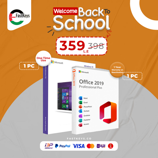 Promotional image for Microsoft software packages with 'Welcome Back to School' text and pricing on an orange and gray background.