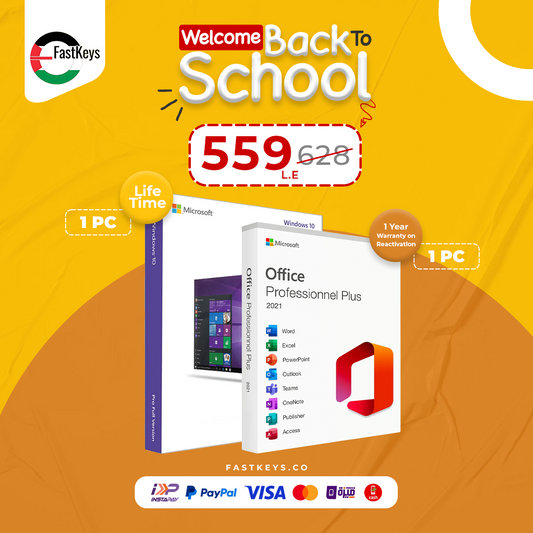 Promotional image for Microsoft software packages with a 'Welcome Back to School' offer on an orange background.