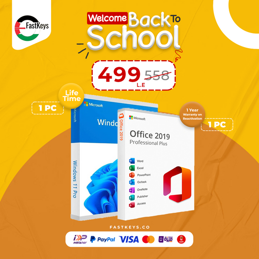 Promotional image for Microsoft software packages with a 'Welcome Back to School' offer on a yellow and orange background.