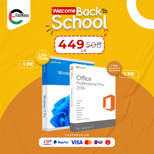 Promotional image for Microsoft software packages with a 'Welcome Back to School' offer on an orange background.