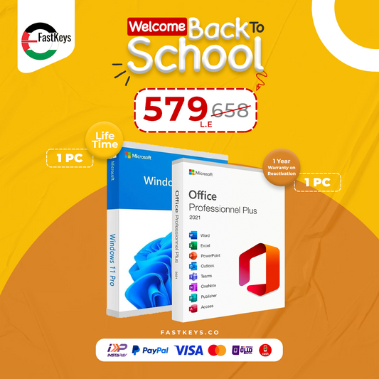 Promotional image for Microsoft software packages with a 'Welcome Back to School' offer on an orange background.