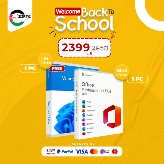 Promotional image for Microsoft software packages with a yellow background and 'Welcome Back to School' text.