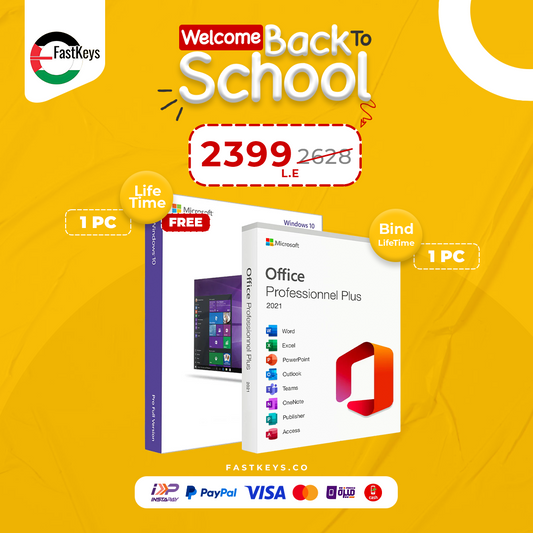 Promotional image for software packages with Microsoft Office and Windows on a yellow background, featuring FastKeys branding.
