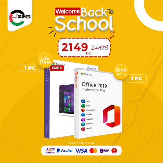 Promotional image for Microsoft Office 2019 and Windows 10 with a 'Welcome Back to School' offer on a yellow background.