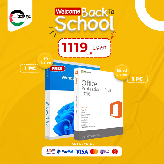 Promotional image of Microsoft software packages with a 'Welcome Back to School' offer on a yellow background.