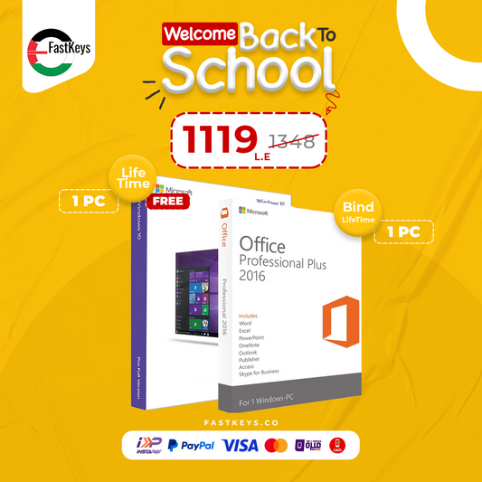 Promotional image for Microsoft Office Professional Plus 2016 on a yellow background with FastKeys branding.