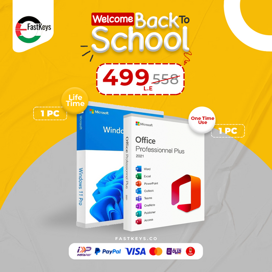 Promotional image of Microsoft software packages with a 'Welcome Back to School' offer on a yellow and gray background.