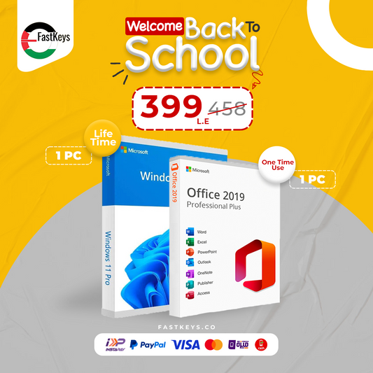 Promotional image of Microsoft Office 2019 packaging with a yellow and gray background, featuring FastKeys branding.