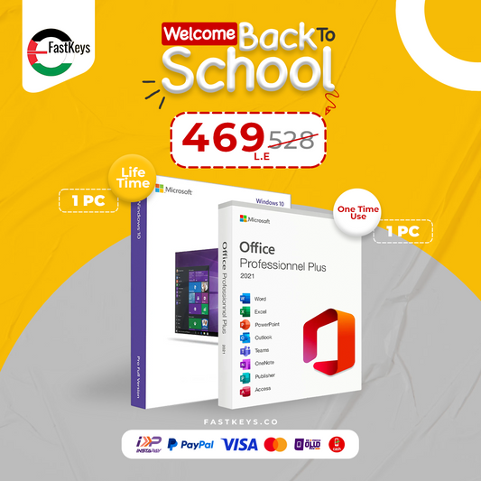 Microsoft Office Professional Plus and Windows 10 packaging with 'Welcome Back to School' promotion on a yellow and gray background.