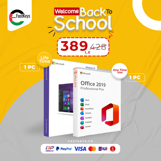 Promotional image of Microsoft software packages with a 'Welcome Back to School' offer on a yellow and gray background.