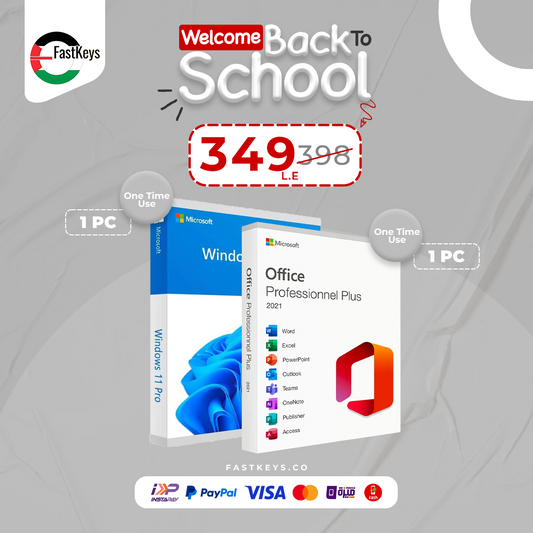 Microsoft Windows 11 Pro and Office Professional Plus software packages with a 'Welcome Back to School' promotion on a gray background.