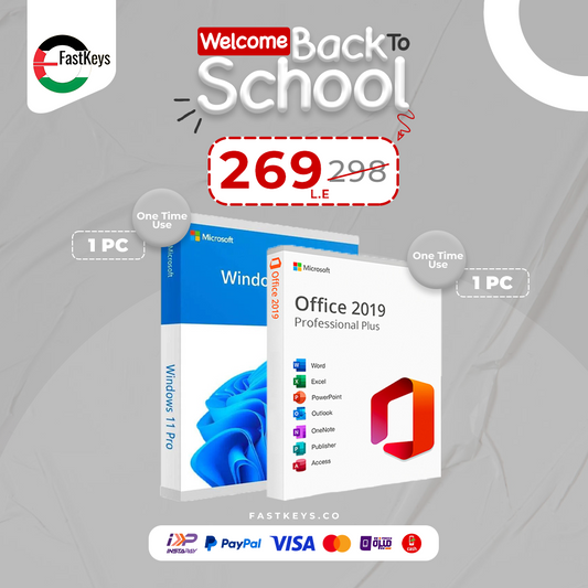 Microsoft Office 2019 packaging with promotional text and graphics on a gray background