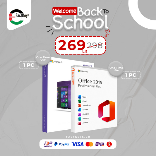 Promotional graphic for Microsoft software packages with 'Welcome Back to School' text and pricing.