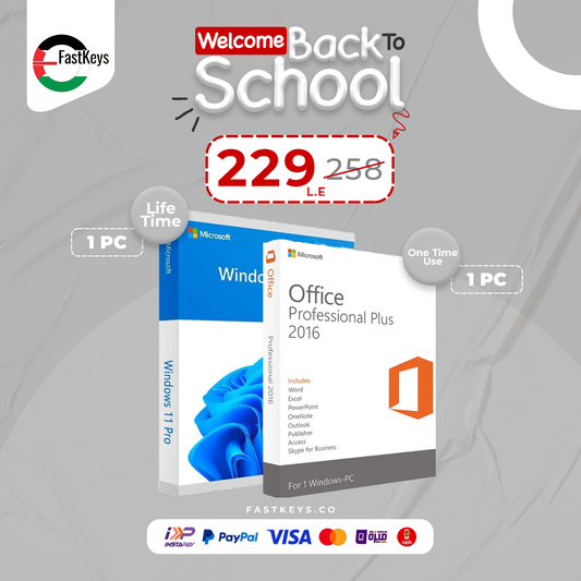 Microsoft Office Professional Plus 2016 packaging with promotional text on a gray background