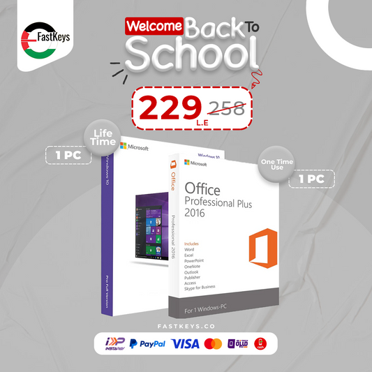 Microsoft Office Professional Plus 2016 packaging with promotional text on a gray background