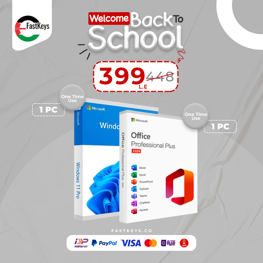 Microsoft Windows 11 Pro and Office Professional Plus software packages with 'Welcome Back to School' promotion on a gray background.