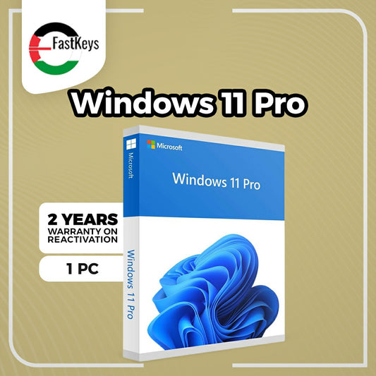 Microsoft Windows 11 Pro packaging with FastKeys logo on a beige background